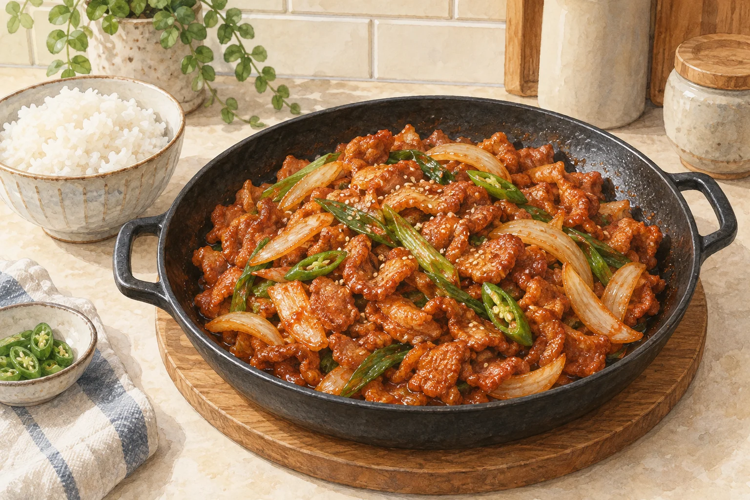앞다리살과 양파, 대파를 볶아 통깨로 마무리한 제육볶음 AI 일러스트