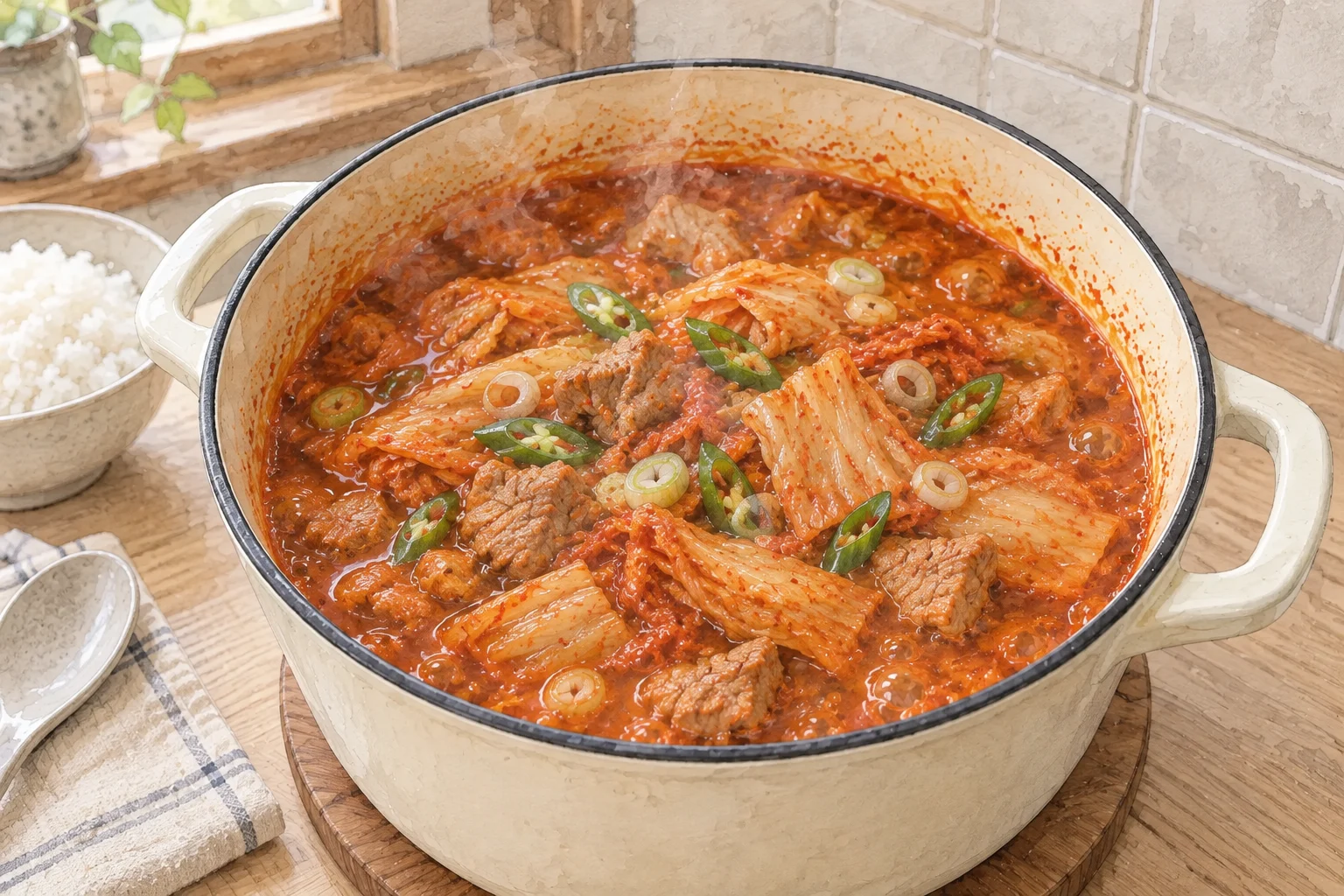 돼지고기와 신김치, 대파를 넣은 김치찌개 완성 예시 일러스트