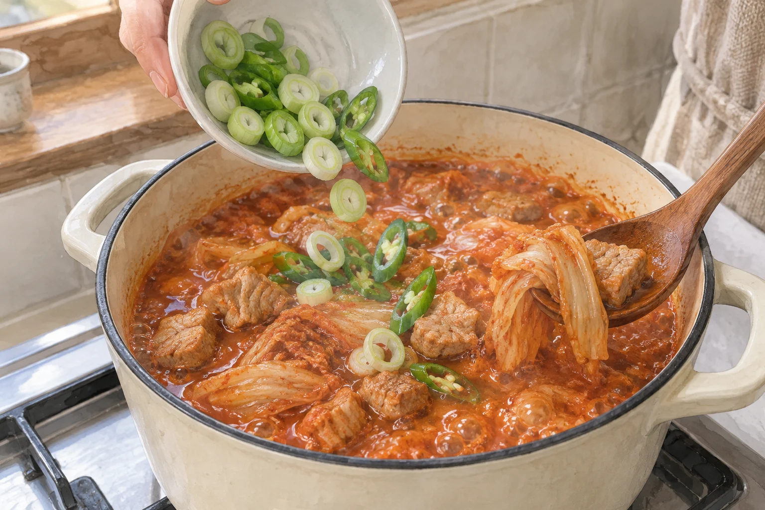끓는 김치찌개에 동그랗게 썬 대파와 어슷 썬 청양고추를 넣는 모습