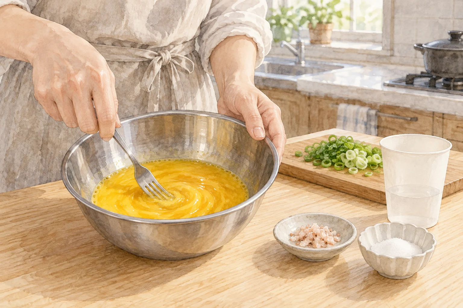 달걀물을 풀고 잘게 다진 새우젓과 물을 따로 준비한 모습