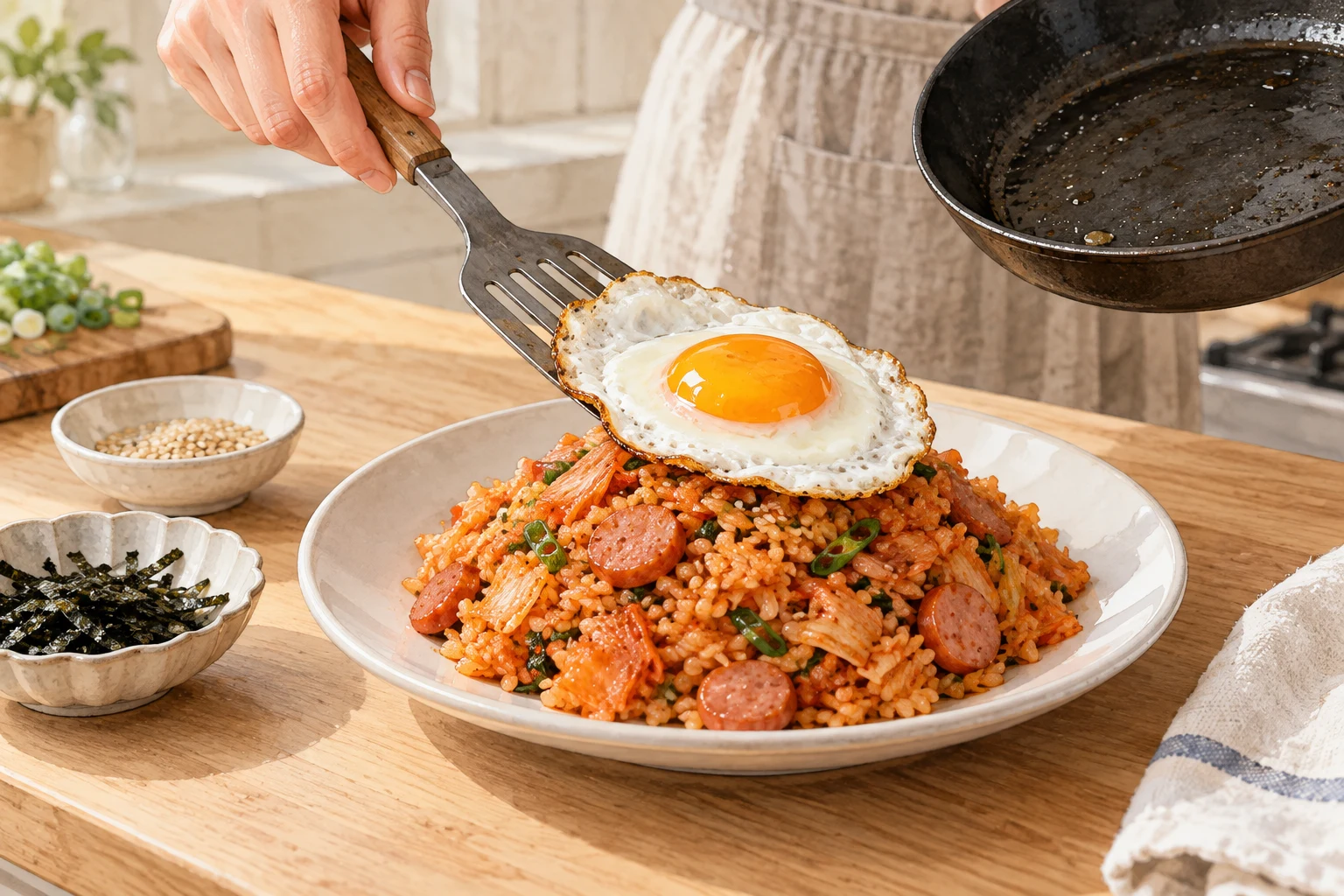 김치볶음밥 위에 뒤집개로 달걀프라이를 올리는 AI 일러스트