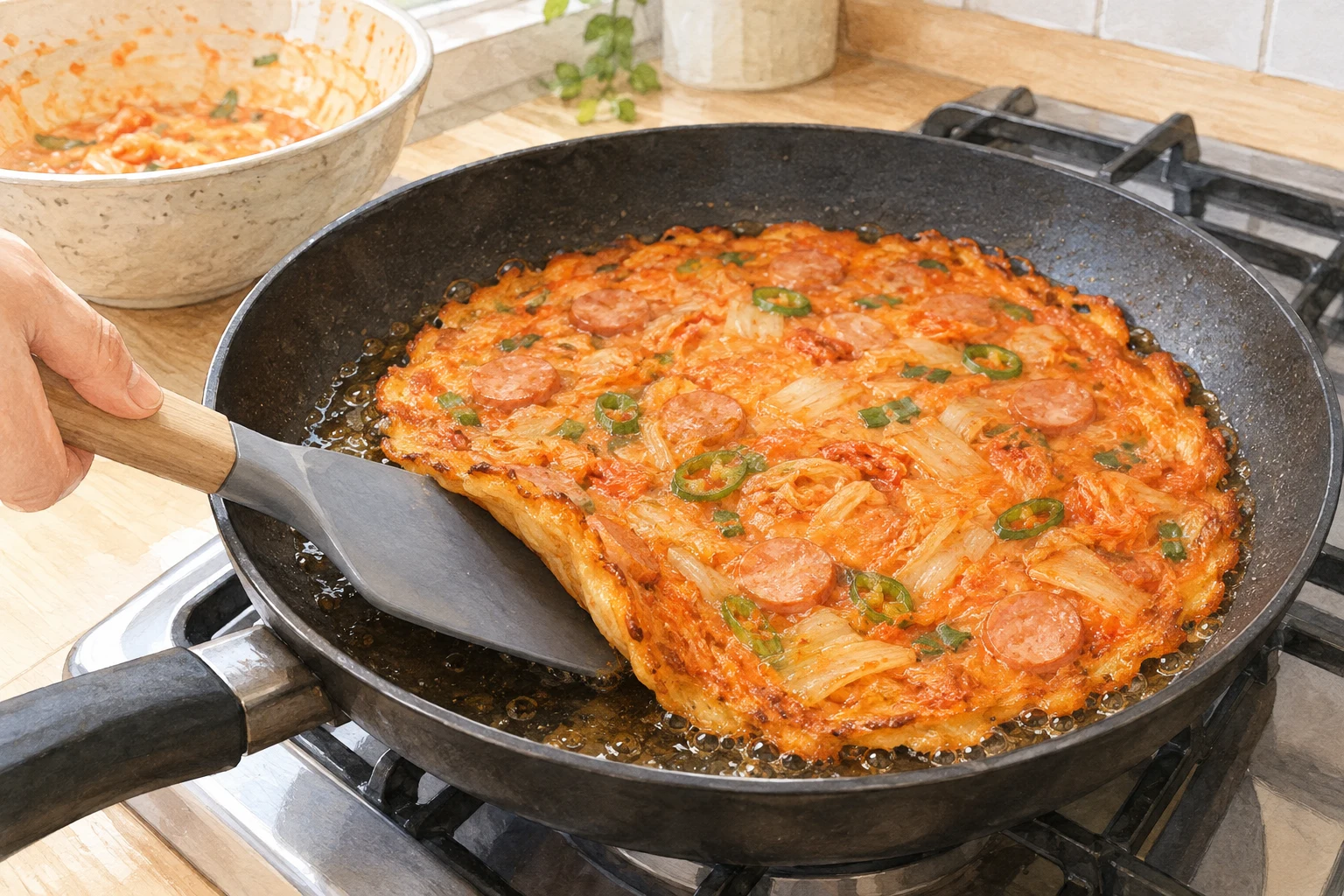 기름을 두른 검은 팬에서 가장자리가 익은 김치전 밑으로 뒤집개를 넣어 들어 올리는 모습