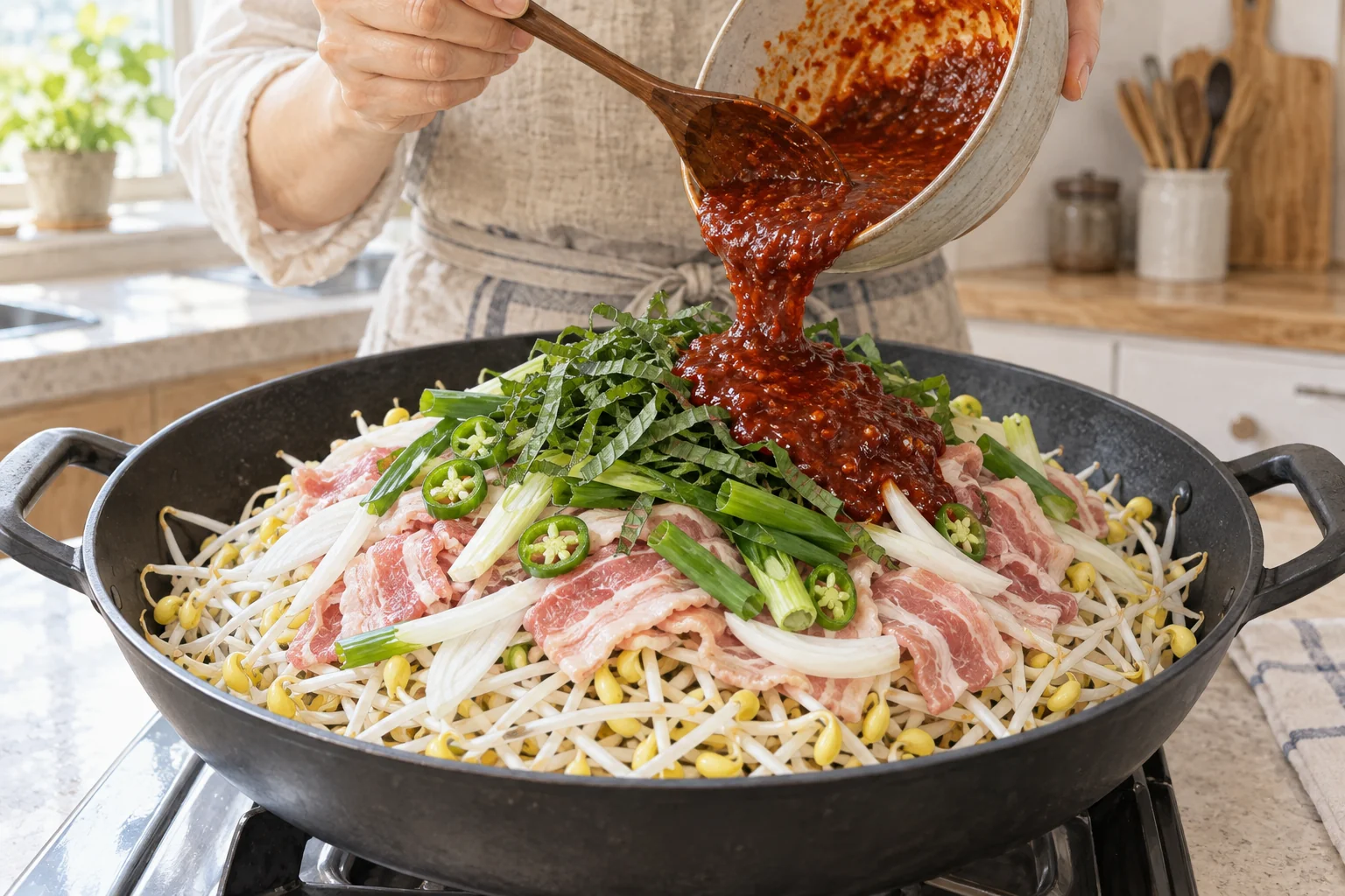 팬에 콩나물, 생 대패삼겹살, 채소를 쌓고 붉은 양념장을 올리는 모습