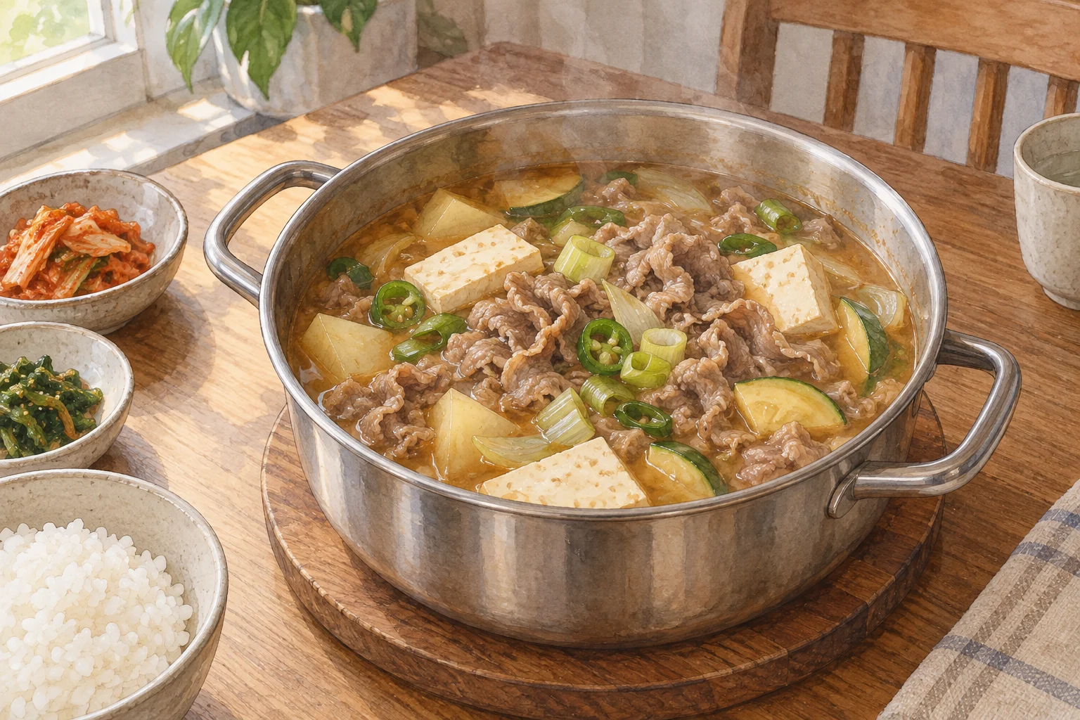 차돌 된장찌개 완성 모습을 표현한 AI 일러스트