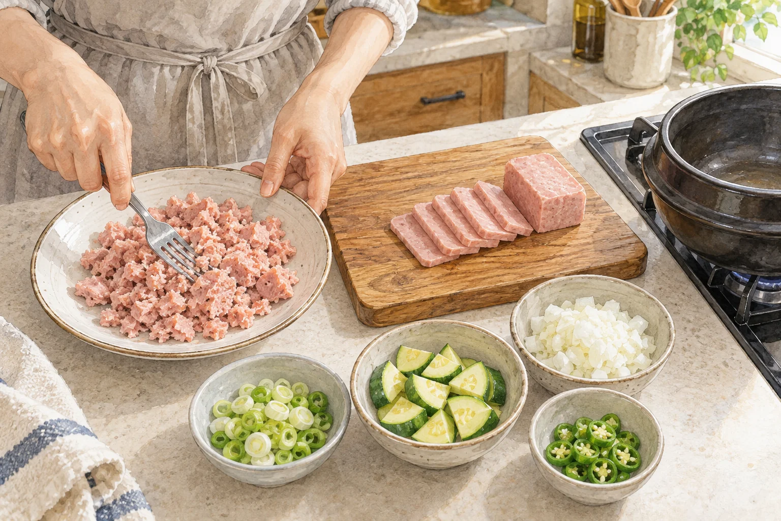 도마 위 스팸 절반은 얇게 썰고 나머지 절반은 포크로 으깨는 모습