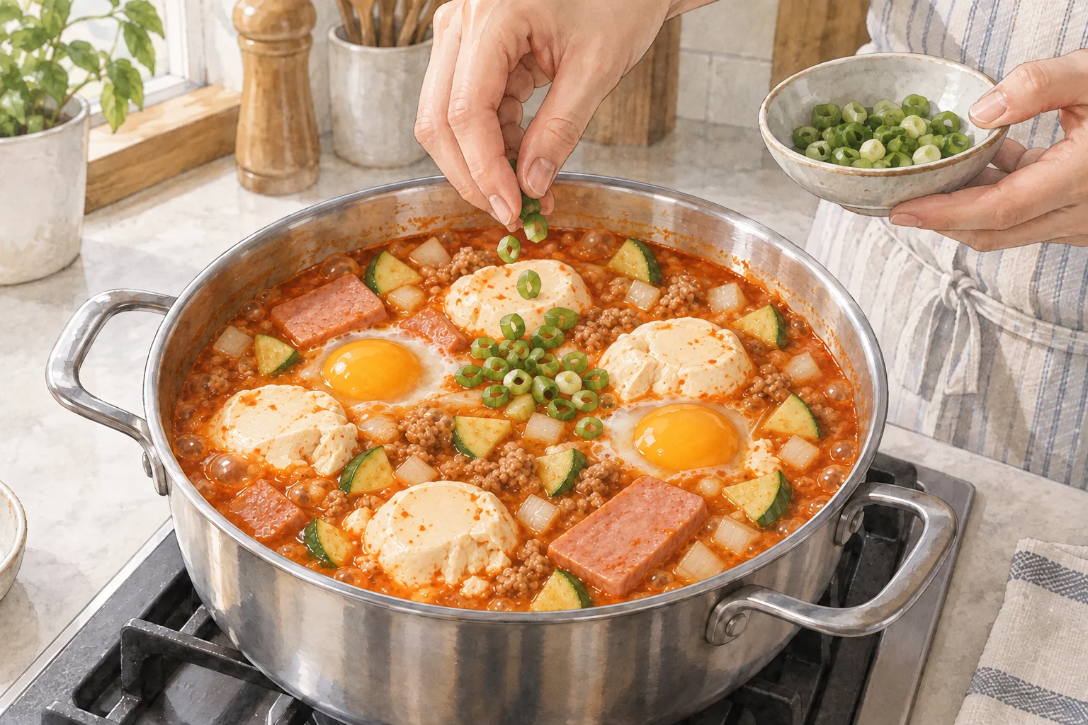 스팸과 순두부가 든 붉은 찌개에 달걀과 대파를 넣어 마무리하는 모습